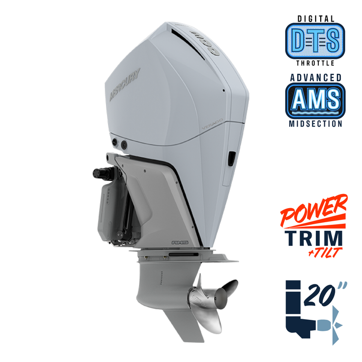 New Mercury 300L Verado Cold Fusion White 5.44" 1.75 Cambered Skeg  20" Shaft Power Trim & Tilt Outboard 13000097A