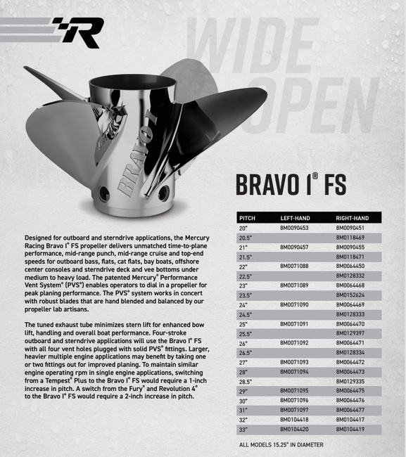 Mercury Racing Bravo 1 FS 4-Blade Stainless Steel, 15.25" X 25.5", RH 48-8M0129397 Mercury Racing Bravo 1 FS 4-Blade Stainless Steel, 15.25" X 25.5", RH 48-8M0129397