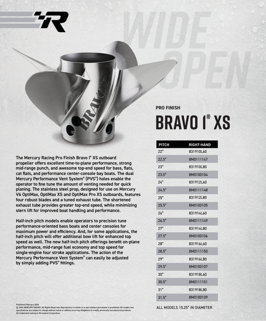 Mercury Racing Bravo 1 XS 4-Blade Stainless Steel, 15.25" X 23", RH 48-831910L80