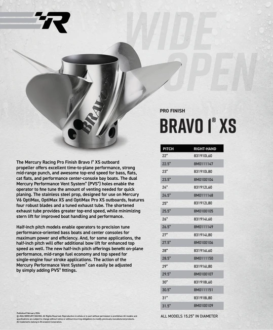 Mercury Racing Bravo 1 XS 4-Blade Stainless Steel, 15.25" X 25", RH 48-831912L80