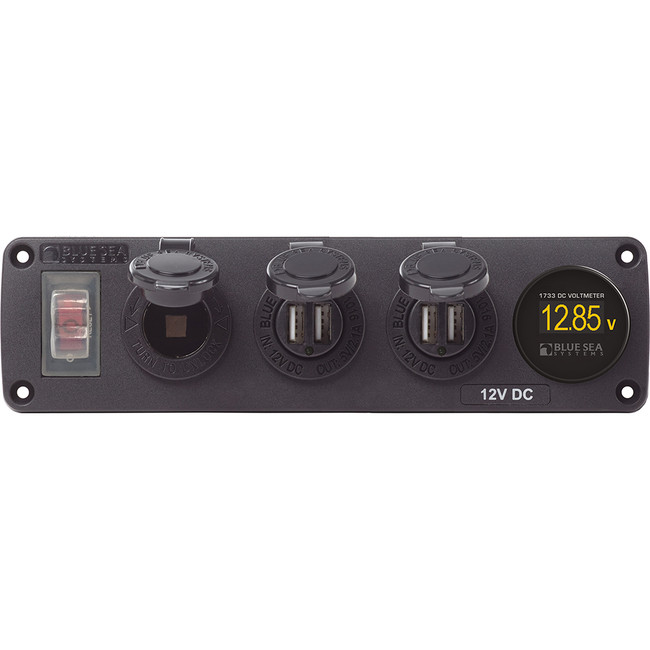 Blue Sea 4368 Water Resistant USB Accessory Panel - 12V Socket, 2x 2.1A Dual USB Chargers, Mini Voltmeter Blue Sea 4368 Water Resistant USB Accessory Panel - 12V Socket, 2x 2.1A Dual USB Chargers, Mini Voltmeter