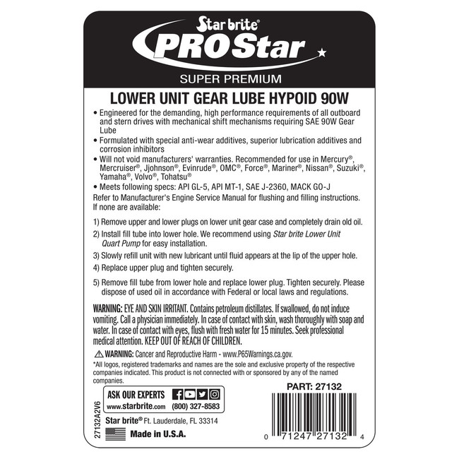 Starbrite Hypoid 90W Lower Gear Lube Quart 27132