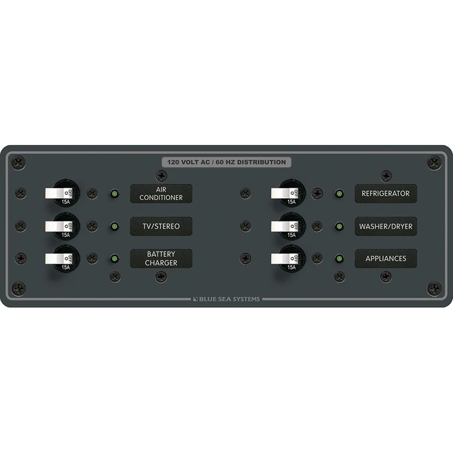 Blue Sea 8097 AC 6 Position Toggle Circuit Breaker Panel - White Switches Blue Sea 8097 AC 6 Position Toggle Circuit Breaker Panel - White Switches