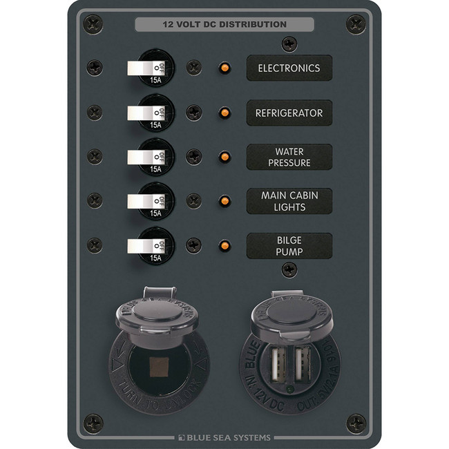 Blue Sea 8120 - 5 Position 12V Panel w/Dual USB & 12V Socket Blue Sea 8120 - 5 Position 12V Panel w/Dual USB & 12V Socket