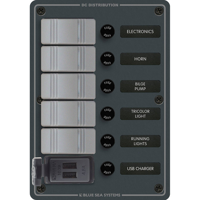 Blue Sea 8121 - 5 Position Contura Switch Panel w/Dual USB Chargers - 12/24V DC - Black Blue Sea 8121 - 5 Position Contura Switch Panel w/Dual USB Chargers - 12/24V DC - Black