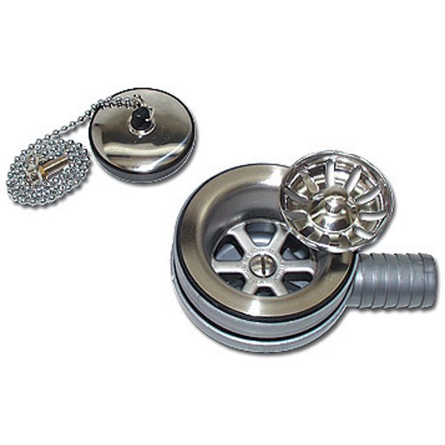 Scandvik 10308 Sink Drain With Basket and Stopper Fits 2-1/16" Drain Hole With a 1" Hose Barb Outlet - 10308P