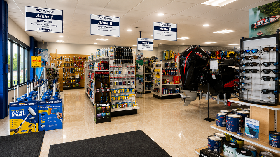 The marine parts retail floor at NuWave Marine