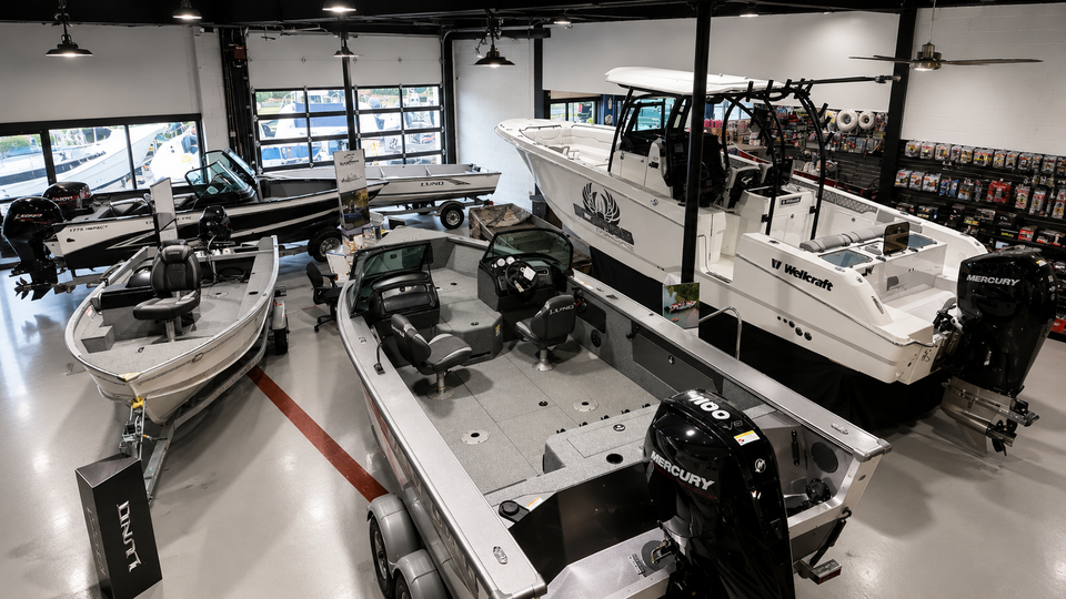 Inside the boat showroom at NuWave Marine