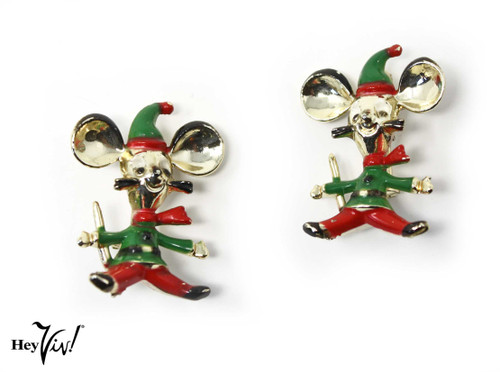 Two Vintage BJ Signed Christmas Santa Mouse Pins - Holiday Collectible