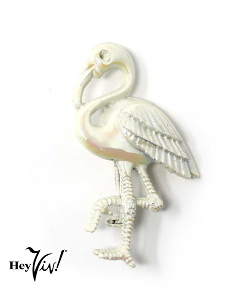 Vintage Iridescent White Enamel Flamingo Pin - 2"