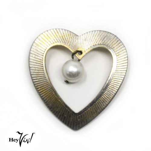 1950s Circle Pin - Heart Pin w Pearl Drop