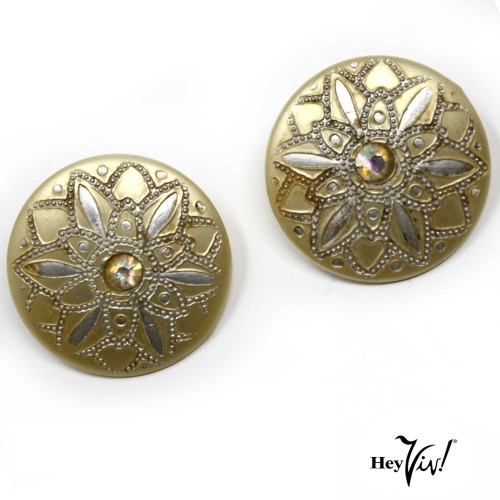 Vintage Clip On Button Earrings - Thermoset Intricate Etched Design - Hey Viv