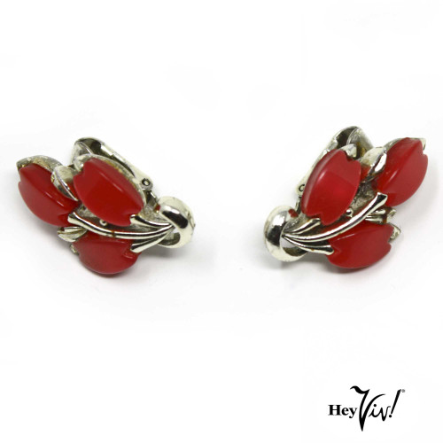Vintage Coro Clip On Earrings - Red Thermoset Tulips in Silver Tone - Hey Viv