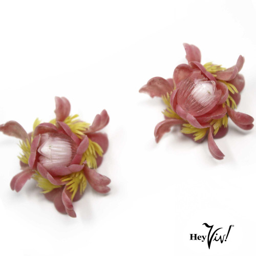 Vintage Pink Plastic Flower Clip On Earrings - 3D Fun & Fancy Blossoms - Hey Viv