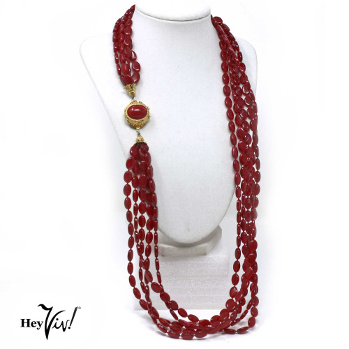 Vintage 5 Strand Translucent Red Bead Necklace w Ornate Clap - 30" long