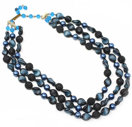 Vintage W German 3 Strand Bead Necklace -Blue Black Texture Beads- 18" -Hey Viv