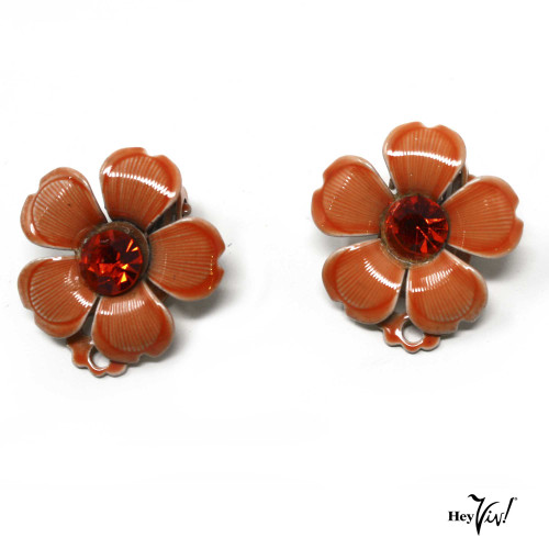 Vintage Orange Enamel Flower Clip On Earrings w Orange Rhinestone - 1" - Hey Viv