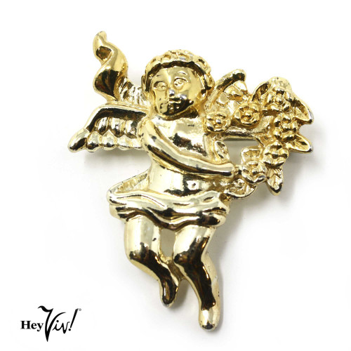 Vintage 2" Gold Valentine Angel Pin Brooch - Flying to You with Flowers -Hey Viv