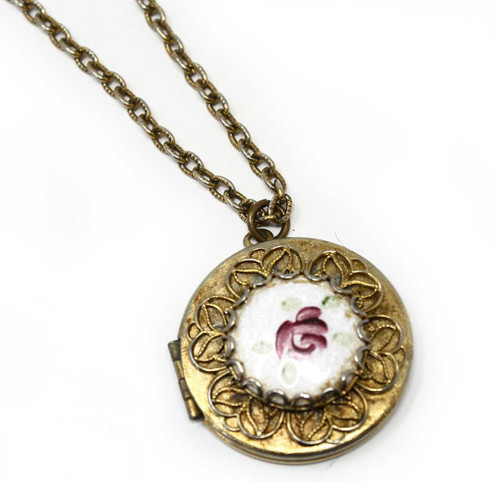 Vintage 1 1/2" Ornate Gold Locket w Rose Enamel Centerpiece - 24" Chain