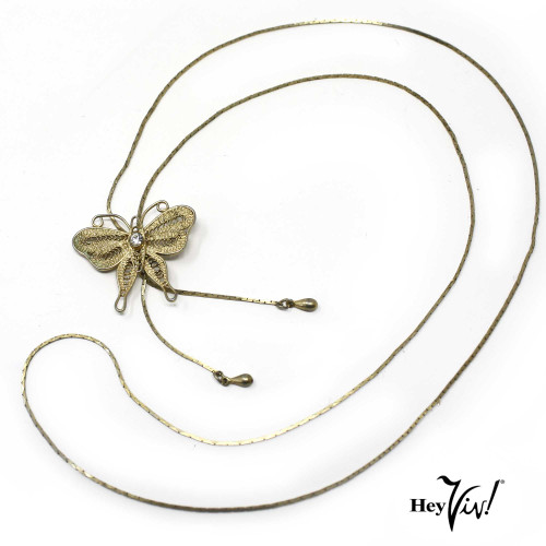 Vintage Delicate Gold Filigree Butterfly Slide Bolo Necklace, 28" Long
