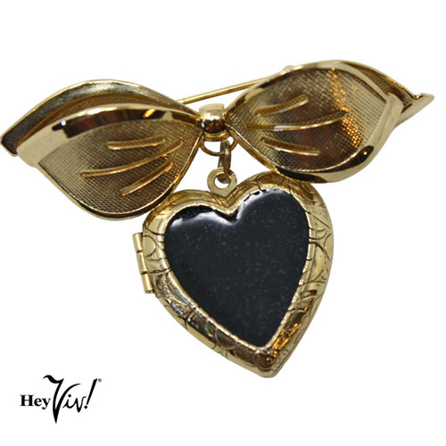 Vintage Heart Locket Pin w Big Bow Black Enamel Front 2.5" Sweet Gift