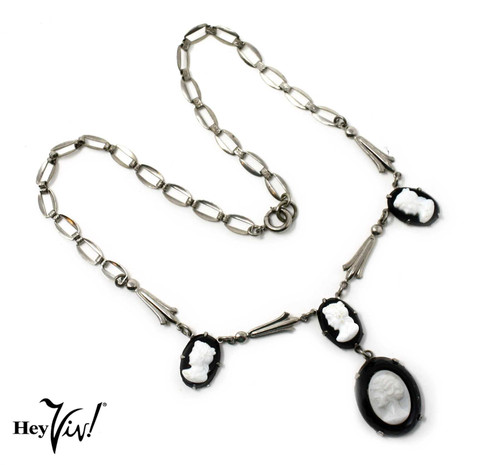 Vintage Chain Necklace - Black & White Cameos - Pendant Y Necklace