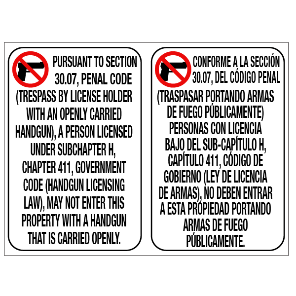 No Open Carry 30.07 Signs Signquick