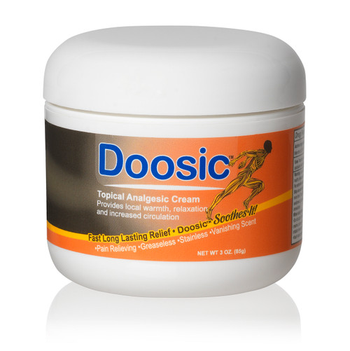 Got Pain? Doosic Soothes It! Ideal for Chiropractors, Athletic Trainers and Message Therapists provides fast long lasting relief from arthritis pain, backache, tendinitis, bursitis, muscle strains, sprains, bruises and cramps. When applied spreads smoothly, provides deep penetrating pain relief.