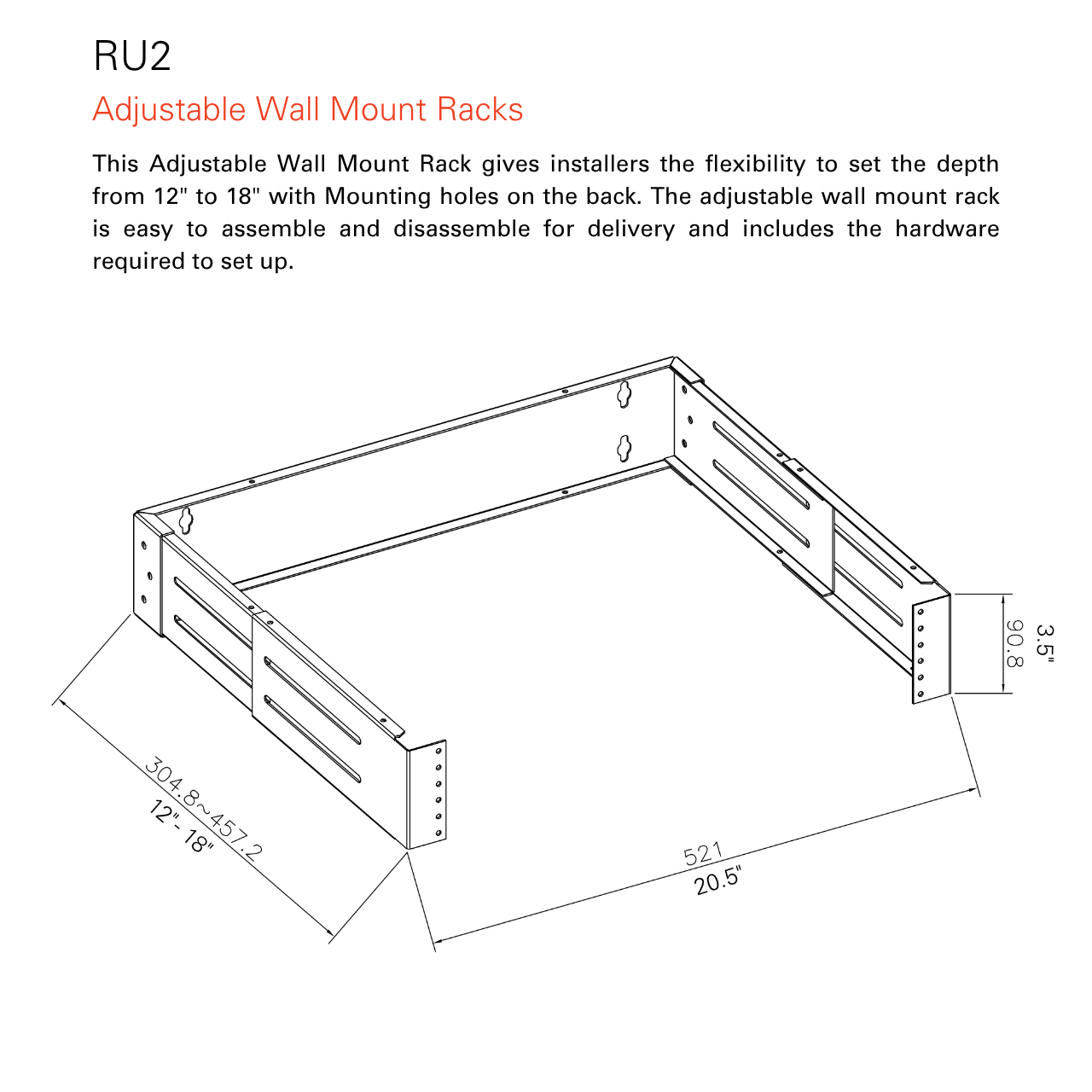 2U Wall Mount Rack | Hinged Adjustable Depth | Steel Frame