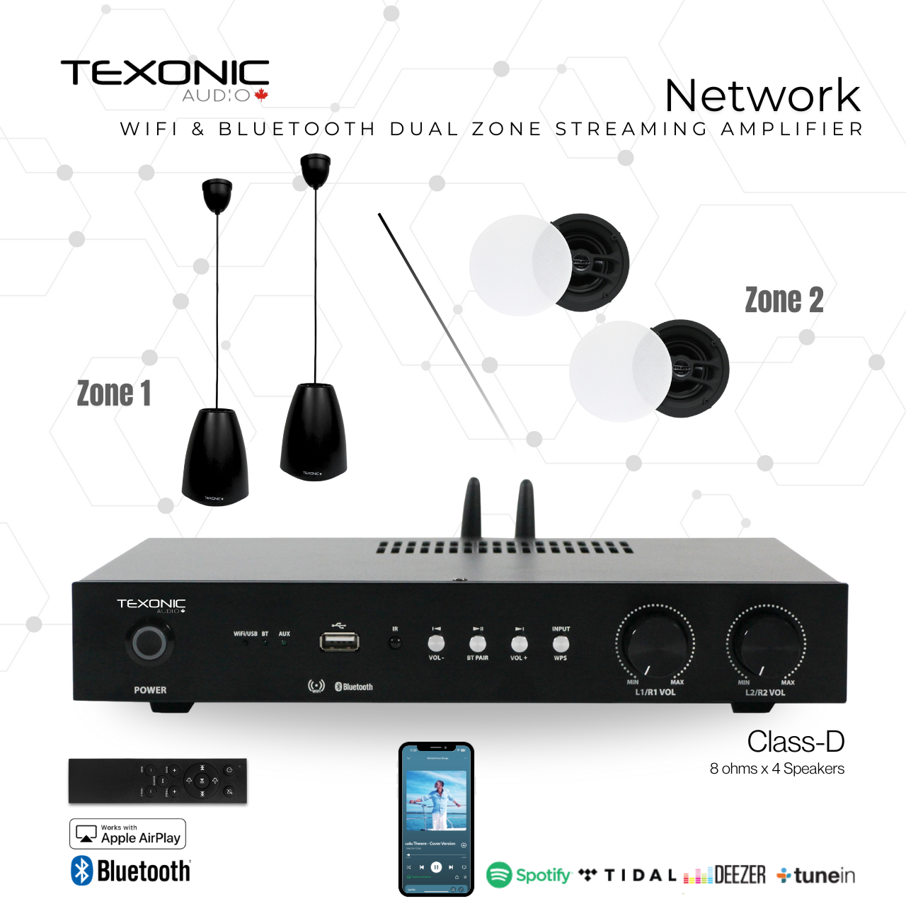 TEXONIC TX251001-7 QX200 system with 2 PX50 pendant speakers and 2 CM610 ceiling speakers