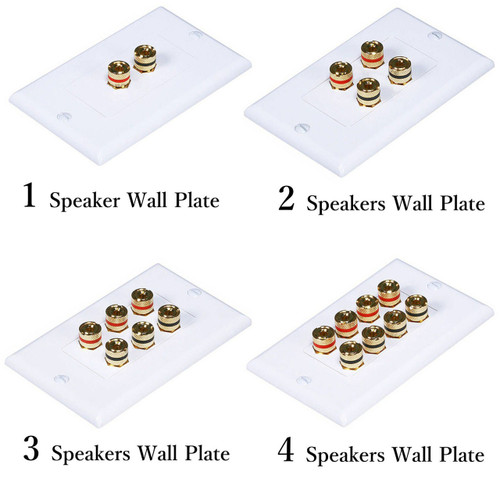 White speaker wall plate with red and black gold-plated binding posts for banana plugs and speaker wire