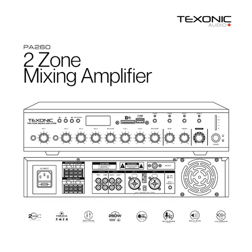 TEXONIC PA260 2-zone 260W commercial mixing amplifier for background music and paging systems
