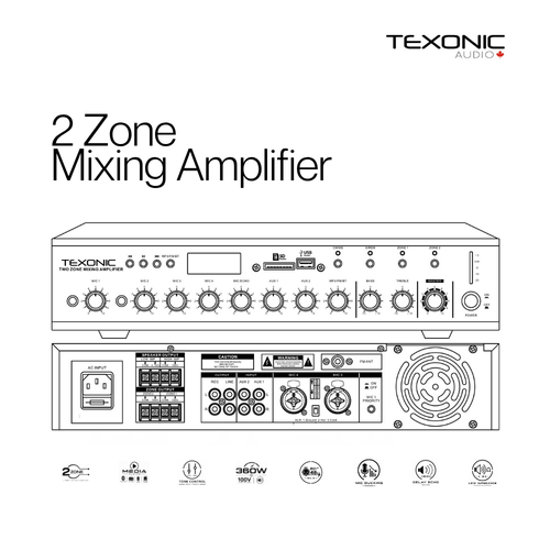 TEXONIC PA380 2-zone 380W commercial mixing amplifier for background music and paging systems