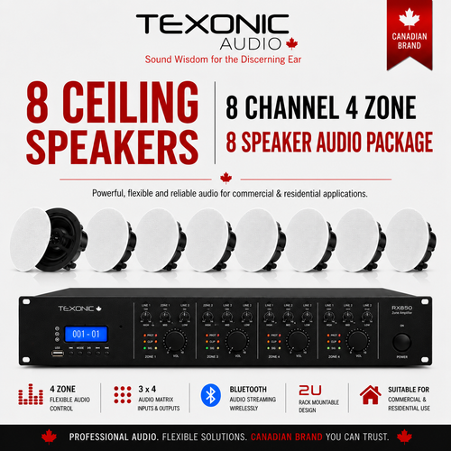 TEXONIC 4-Zone Hospitality Ceiling Speaker System – RX850 + 8 Speakers
