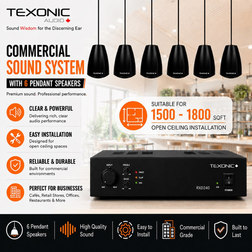 TEXONIC commercial pendant speaker system with RXD240 amplifier and six PX60 speakers