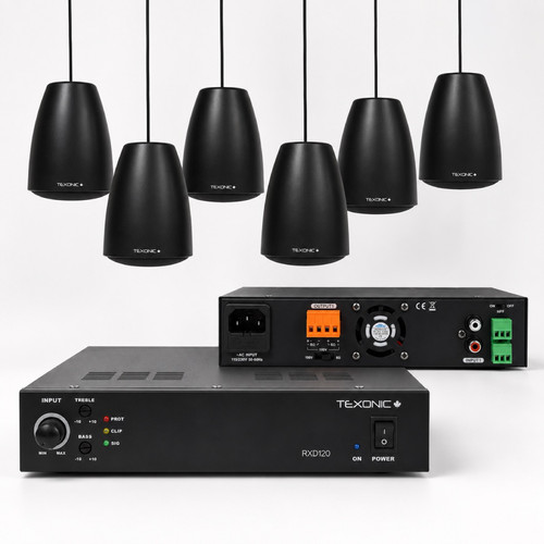 TEXONIC commercial pendant speaker system with RXD240 amplifier and six PX60 speakers