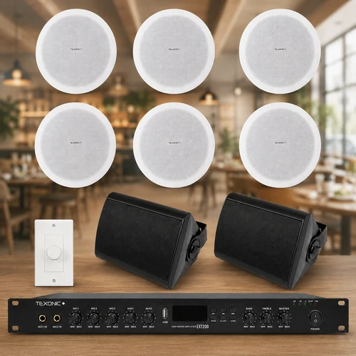 Restaurant background music system with ceiling speakers patio speakers amplifier and volume control
