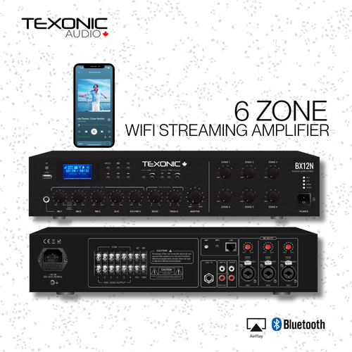 6-Zone 120W Mixer Amplifier | WiFi, Bluetooth, Paging