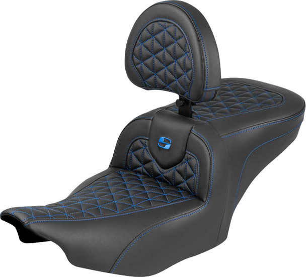 Saddlemen 823-07-210B1 Roadsofa Seat - w/ Backrest - Blue Stitch - FLH/FLT 23-25
