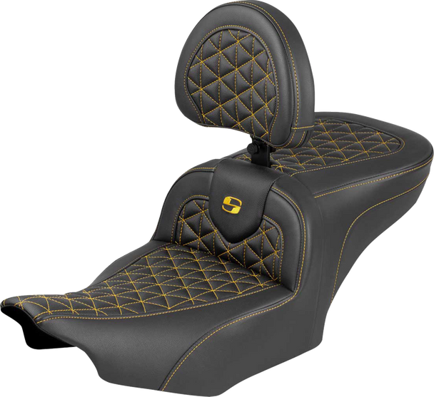 Saddlemen 823-07-210B7 Roadsofa Seat - w/ Backrest - Gold Stitch - FLH/FLT 23-25