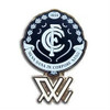 Official Carlton AFLW Logo Pin by Trofe, shown in packaging.