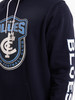 Close-up of the chest logo on the W24 Mens Supporter Blues Hoodie.