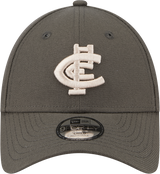 Front view of the 2025 Carlton New Era Dusty Charcoal 9Forty Kids cap.