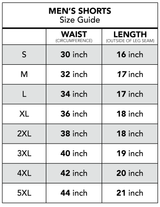 Ashtabula Adult Shorts Size Guide graphic.