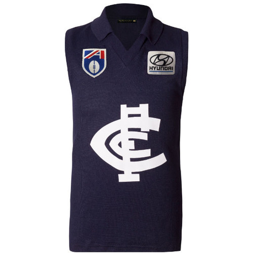 Front view of the short sleeve Carlton AFL/Hyundai Wool Guernsey by Woolmark. Front view of the short sleeve Carlton AFL/Hyundai Wool Guernsey by Woolmark.