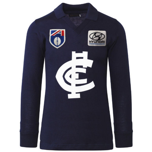 Front view of the long sleeve Carlton AFL/Hyundai Wool Guernsey by Woolmark. Front view of the long sleeve Carlton AFL/Hyundai Wool Guernsey by Woolmark.