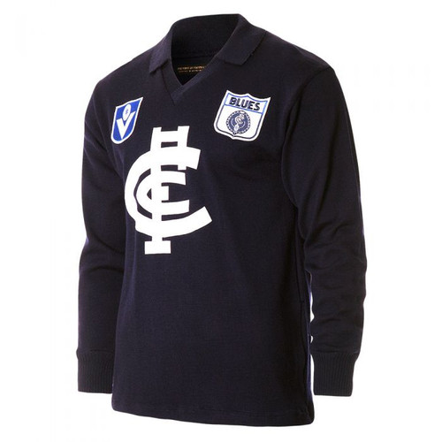 Front view of the Carlton VFL Long Sleeve Wool Guernsey by Woolmark. Front view of the Carlton VFL Long Sleeve Wool Guernsey by Woolmark.