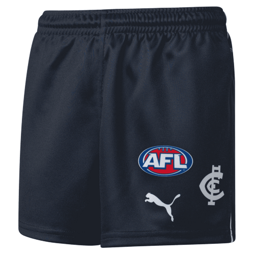 Front view of the 2023 Carlton PUMA Youth Home Playing Shorts.