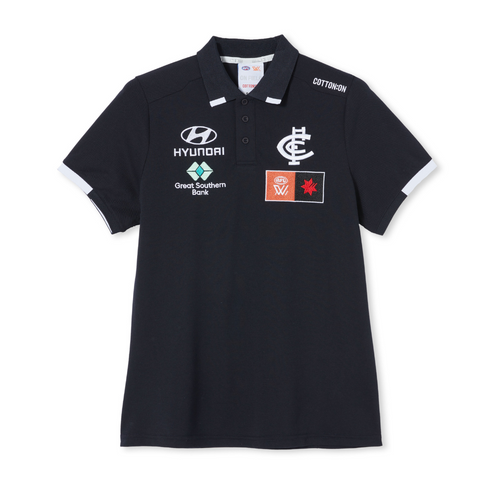 Front view of the 2023 Carlton Cotton On S8 Womens AFLW Media Polo.