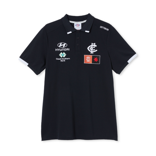 Front view of the 2023 Carlton Cotton On S8 Mens AFLW Media Polo.